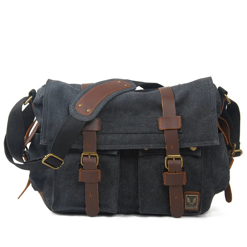 Men's canvas crossbody shoulder bag in Army Green with cowhide accents, showing internal compartments and flap design