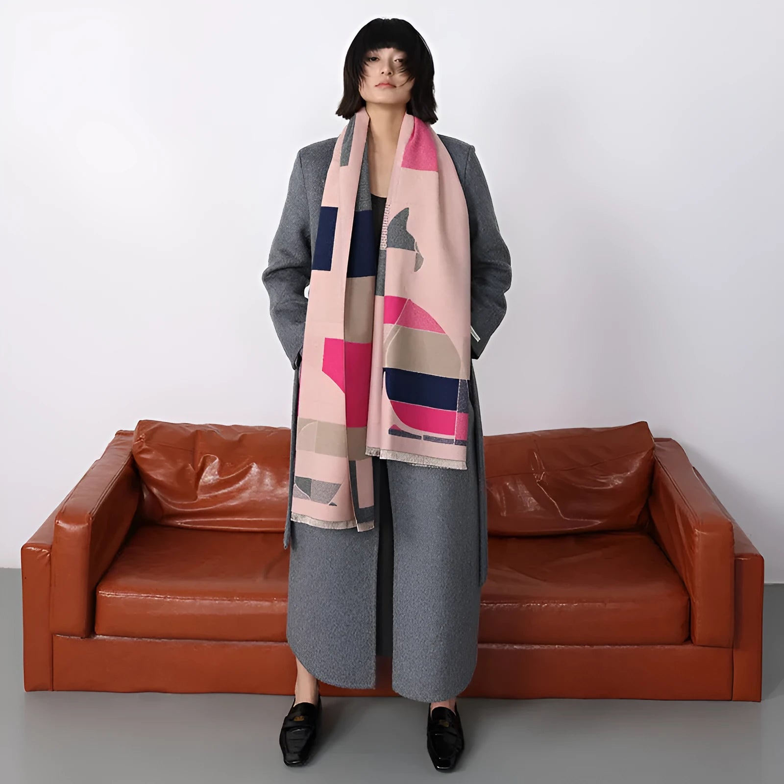 Imitation cashmere shawl scarf in beige colour showing 185x65cm dimensions and European American chic style