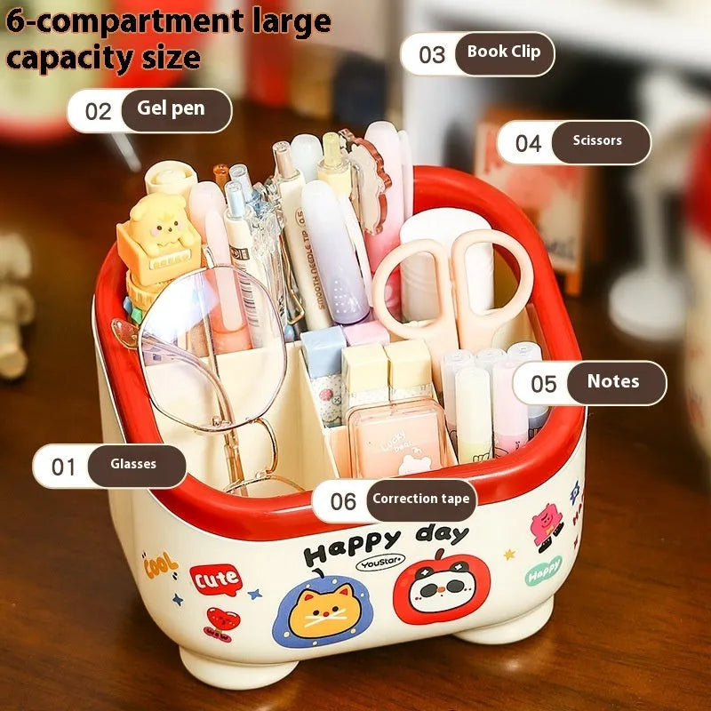 Red and brown cartoon-style desktop organiser with grid design for stationery and cosmetics storage