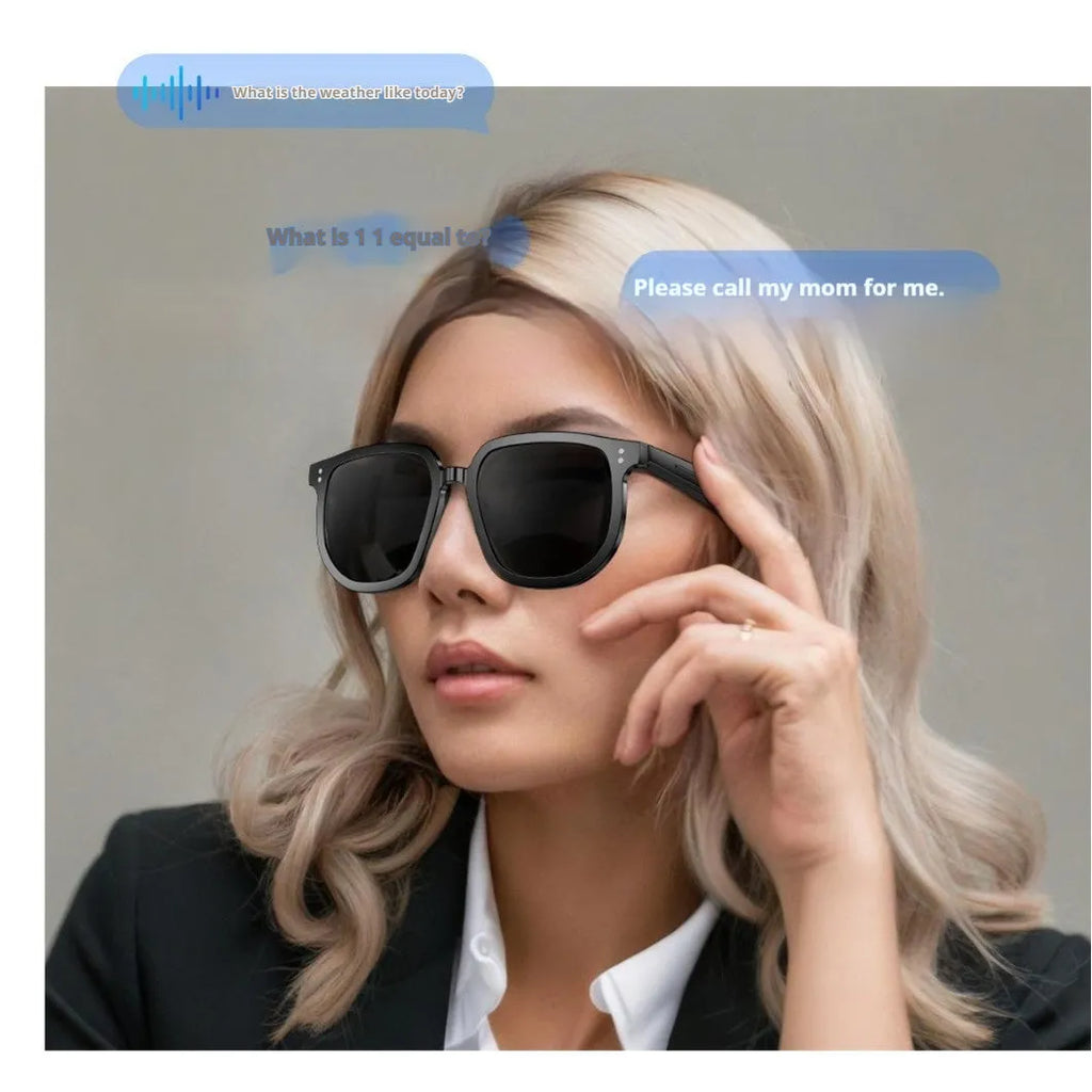 Black AI smart glasses with Bluetooth audio, anti-blue light lenses, and touch control on temple for hands-free calling