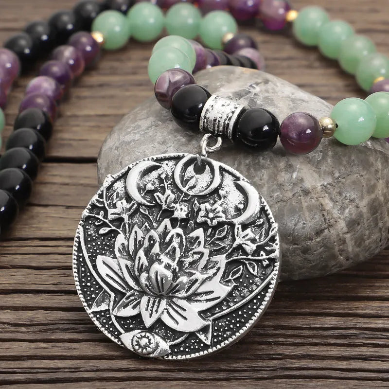 Handmade stone yoga lotus pendant necklace and matching bracelet with alloy centrepiece
