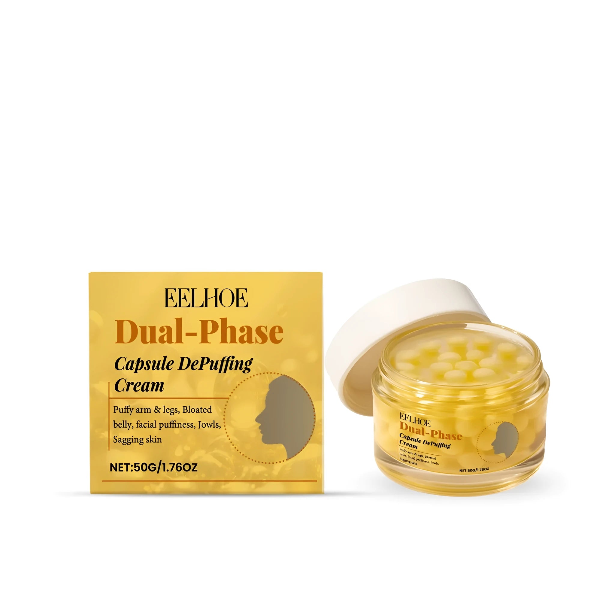 50g dual-phase depuffing cream jar showing cream base with yellow aesculus extract capsules