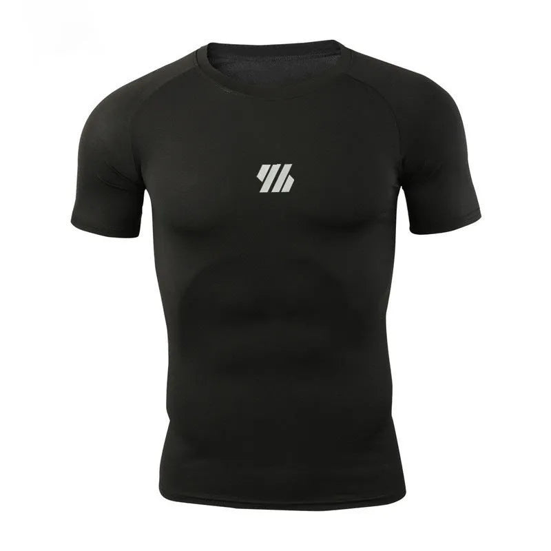 Men's quick-drying polyester compression top in solid black, white, light pink, or navy blue, sizes M to 3XL