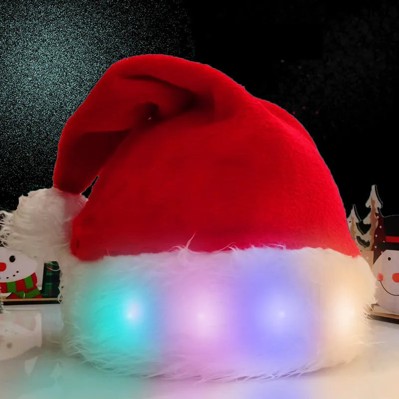 Red and white plush Santa hat with LED lights glowing around the brim and decorative pompom