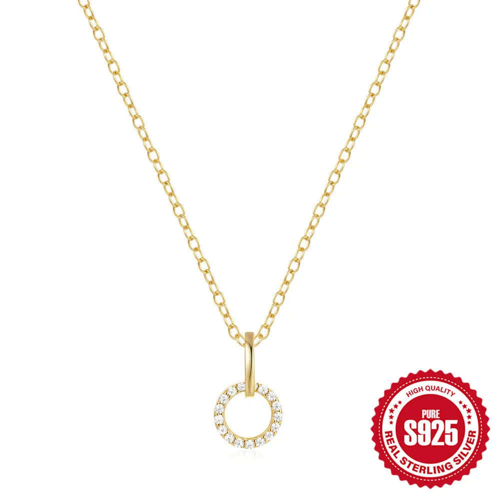 Gold colour geometric interlocking zircon pendant on an adjustable S925 sterling silver clavicle chain.