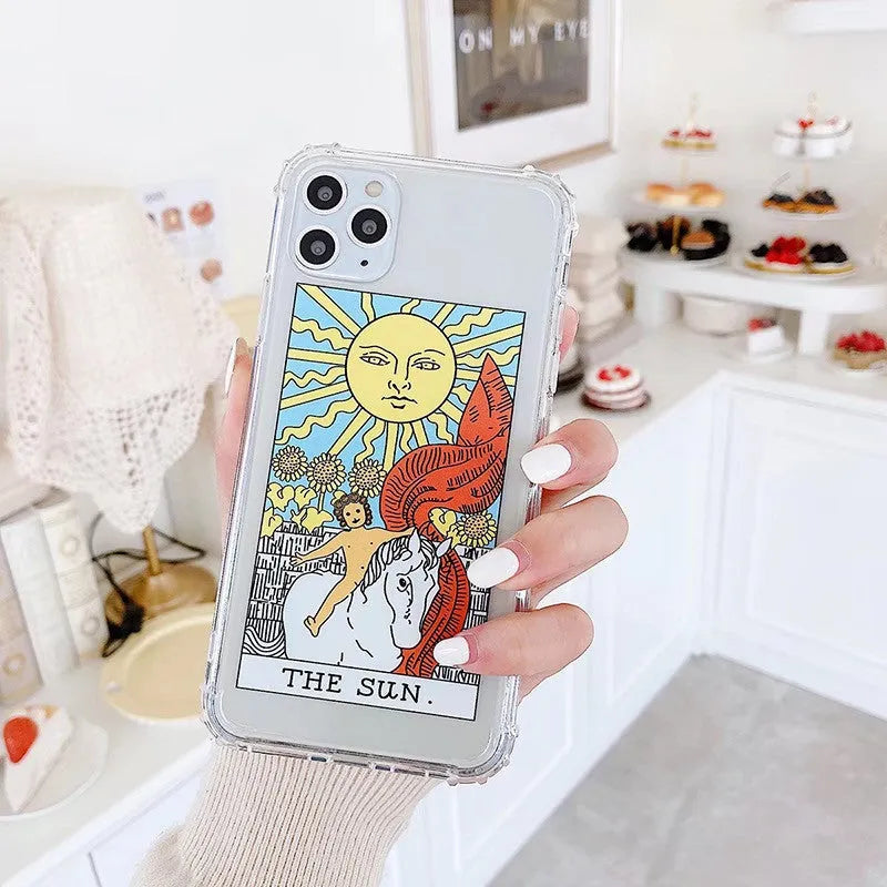 Creative Mythology Comic iPhone case showing retro cartoon sun and moon graffiti art on a silicone back cover.