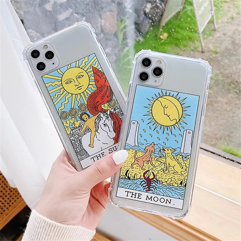 Creative Mythology Comic iPhone case showing retro cartoon sun and moon graffiti art on a silicone back cover.