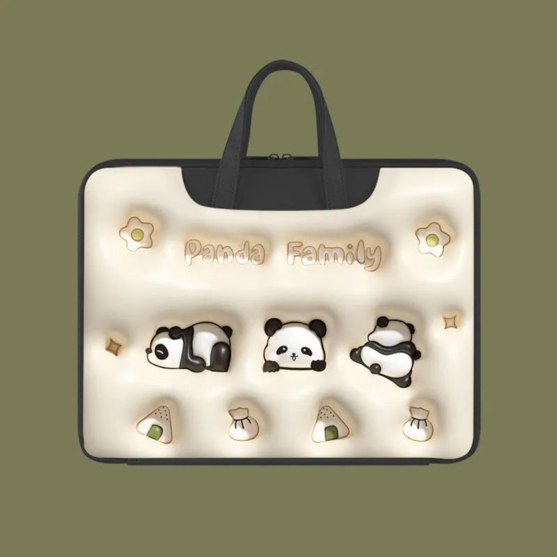 Inflatable laptop bag with hanging loop in PU leather showing cat beige design