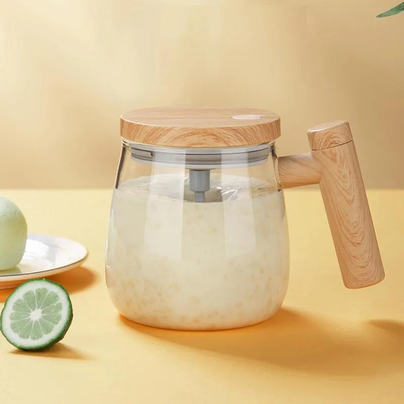 400ml clear borosilicate glass electric self-stirring coffee mug with mixing button.