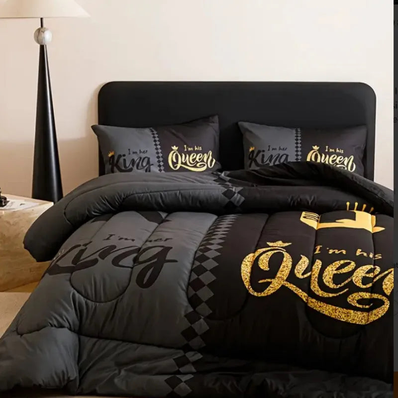 Light grey modern quilt cover and two pillowcases on a bed.