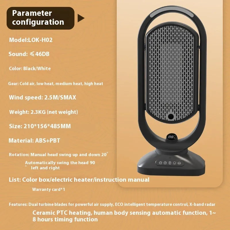 2000W PTC ceramic electric heater, 210 x 156 x 485mm, black or white, touch control and oscillating air supply