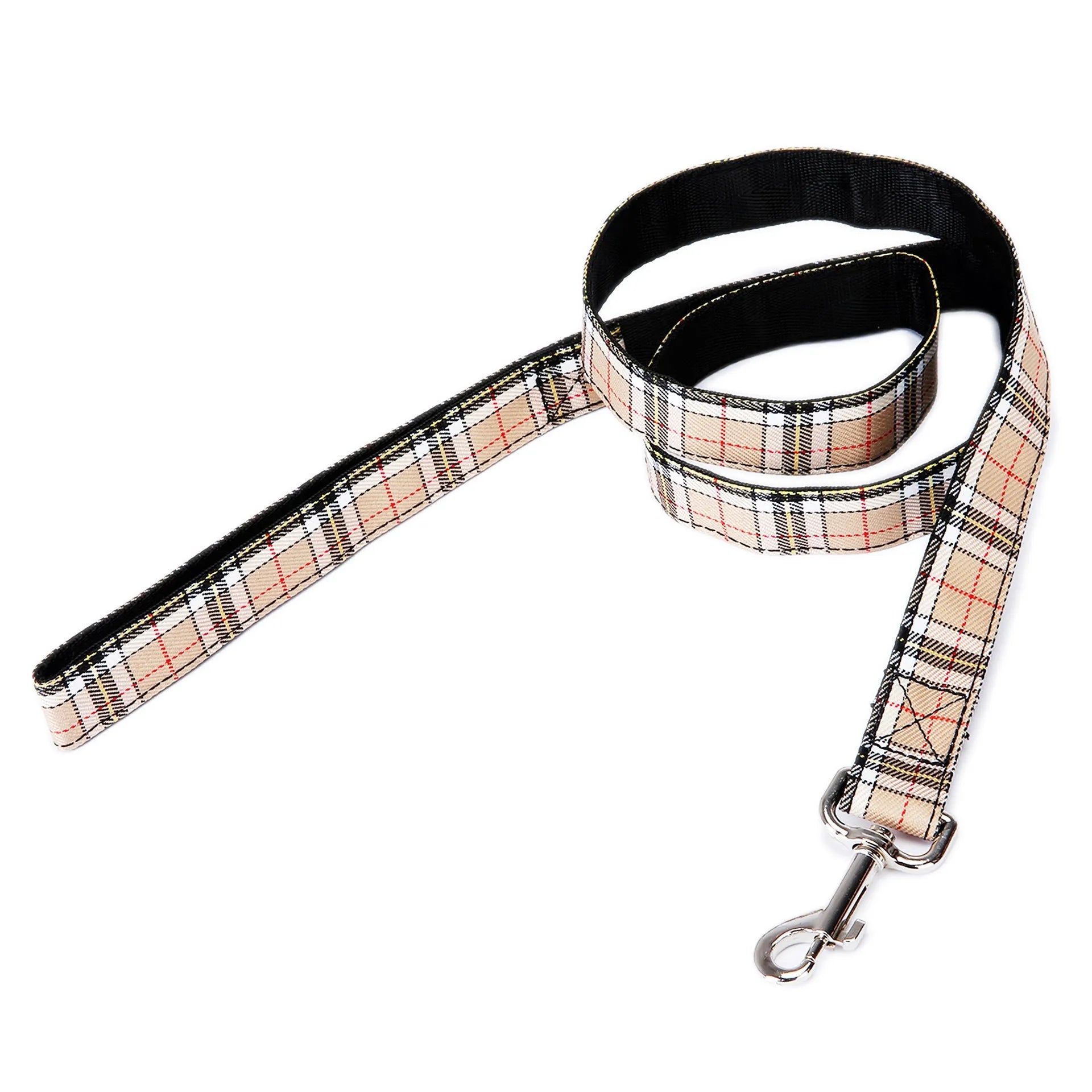 Black pet traction rope with hand-holding loop and plaid stripe pattern, 120cm imitation nylon dog lead