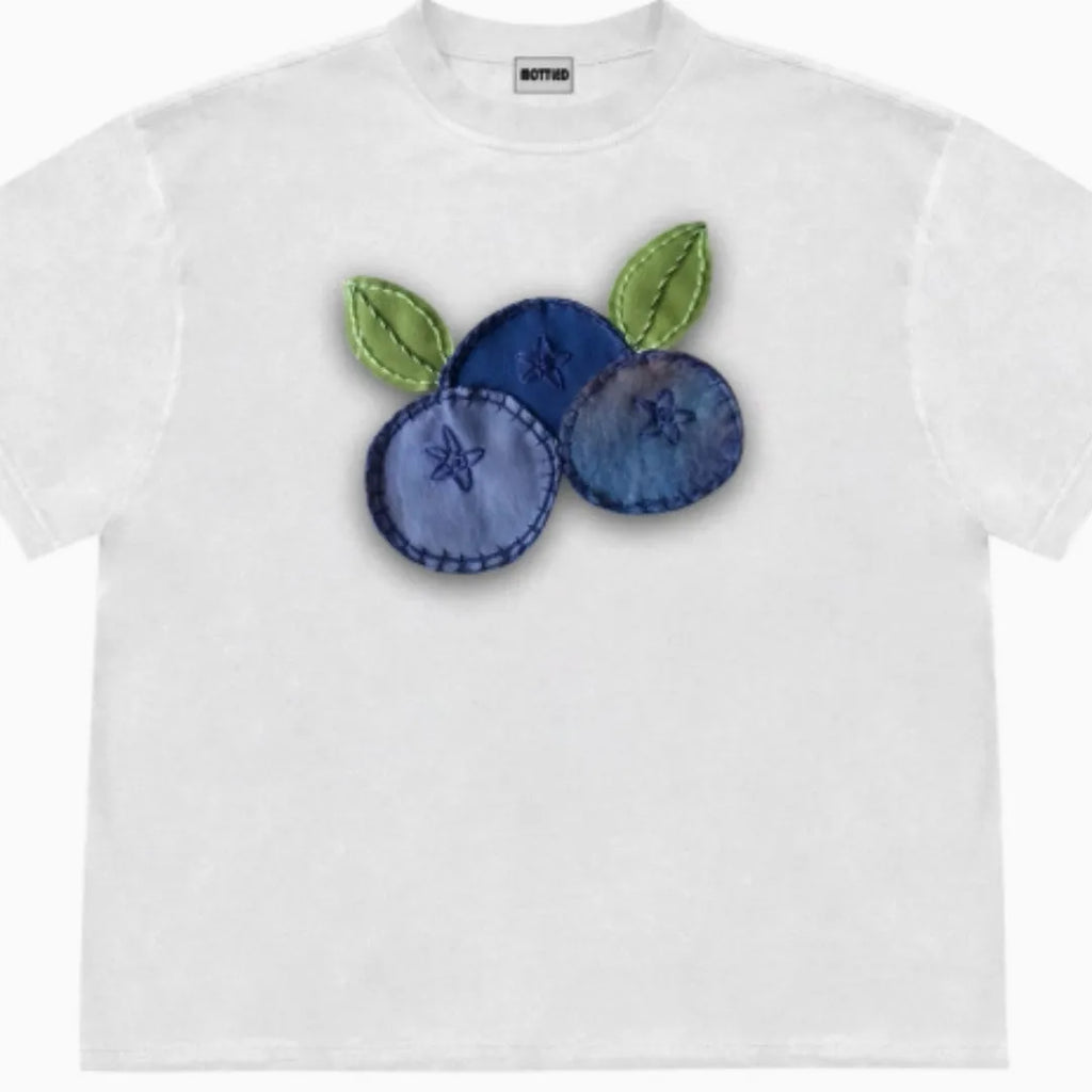 Blueberry fabric patchwork style t-shirt with fruit motifs and plant patterns in ice oxygen cotton