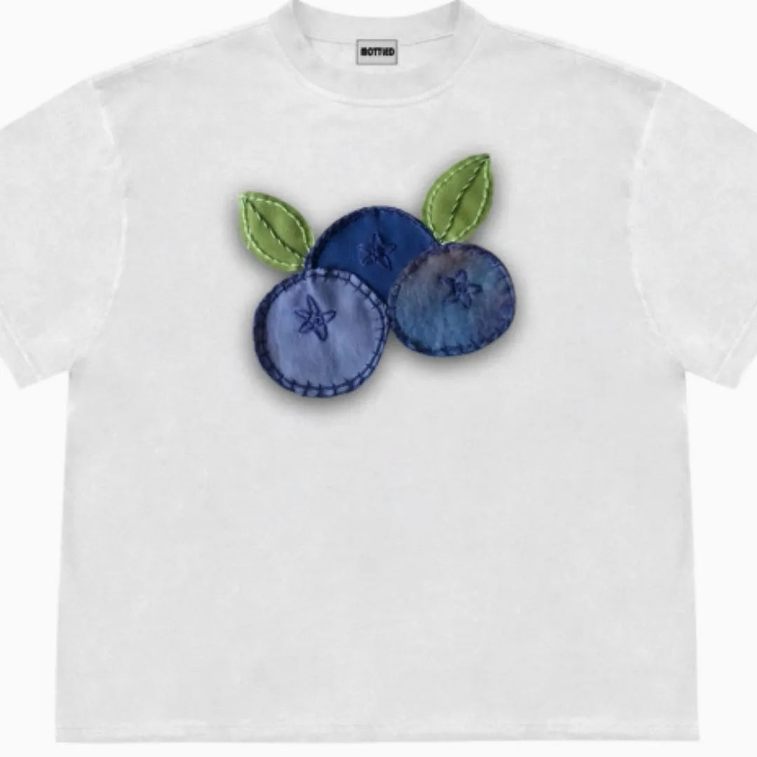 Blueberry fabric patchwork style t-shirt with fruit motifs and plant patterns in ice oxygen cotton
