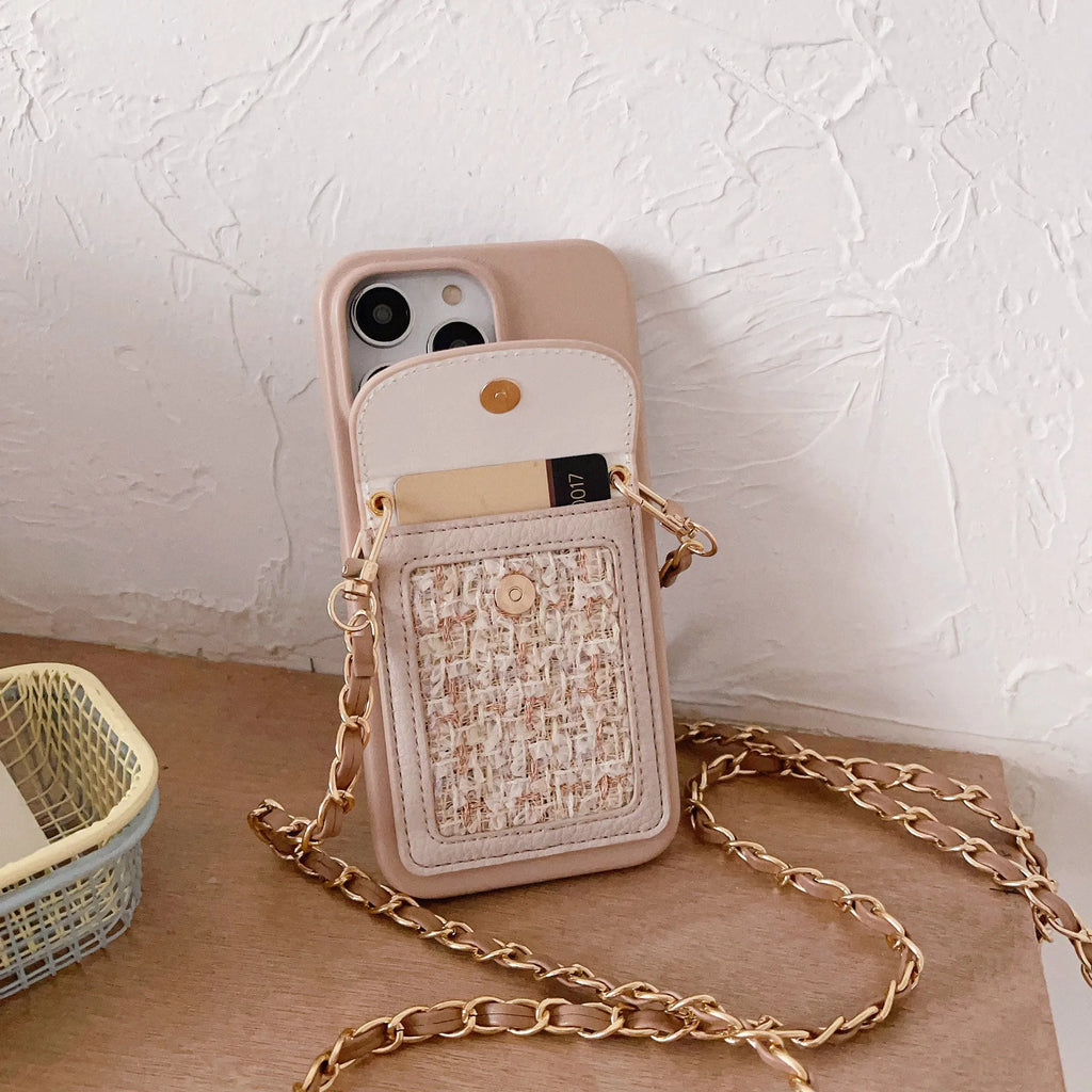 Crossbody chain card holder phone case in PU leather with frosted finish, shown in black, green, purple, white