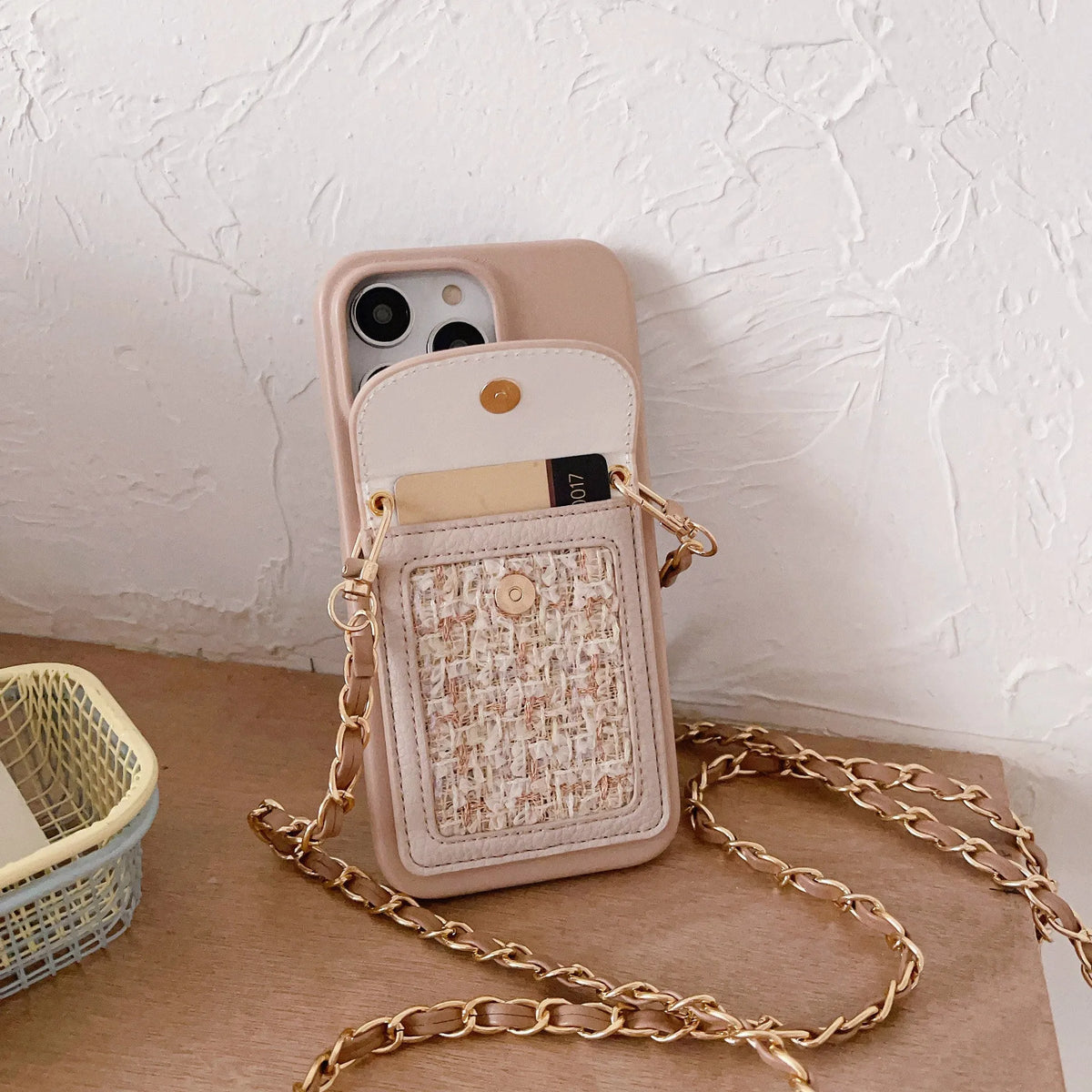 Crossbody chain card holder phone case in PU leather with frosted finish, shown in black, green, purple, white