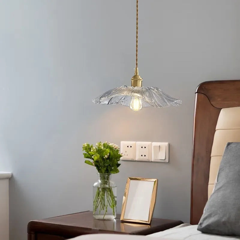 Nordic Japanese style lotus leaf shaped ceiling pendant lamp with iron frame and coloured glass shade.