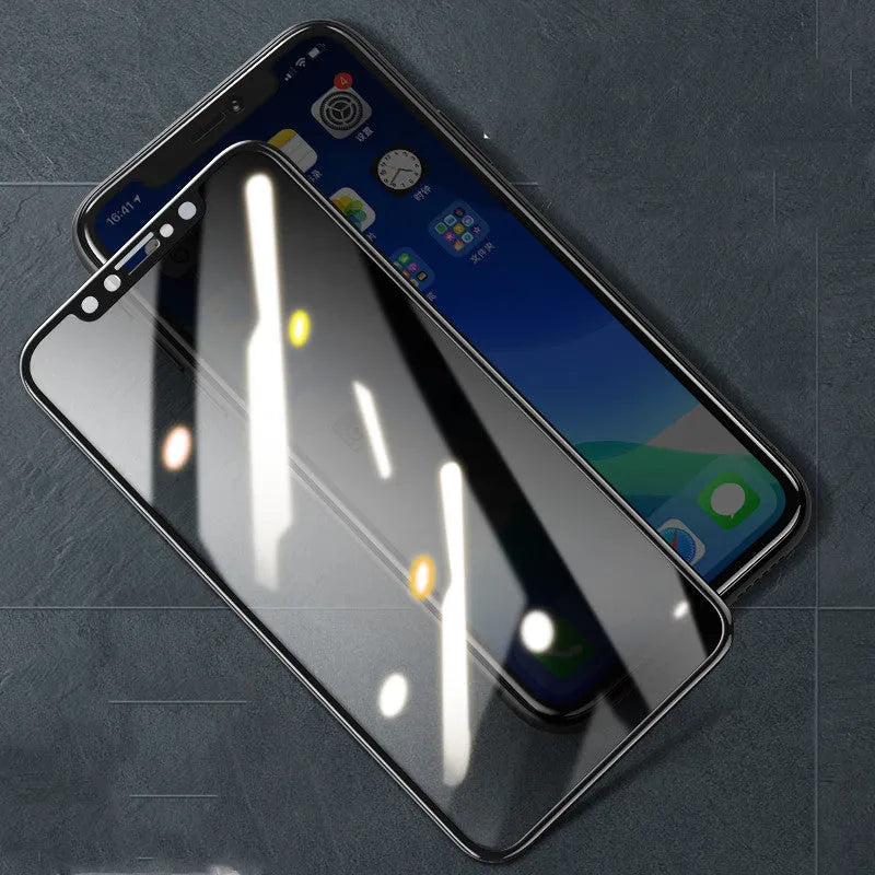 9D tempered glass privacy screen protector for Apple iPhone showing anti-glare surface.