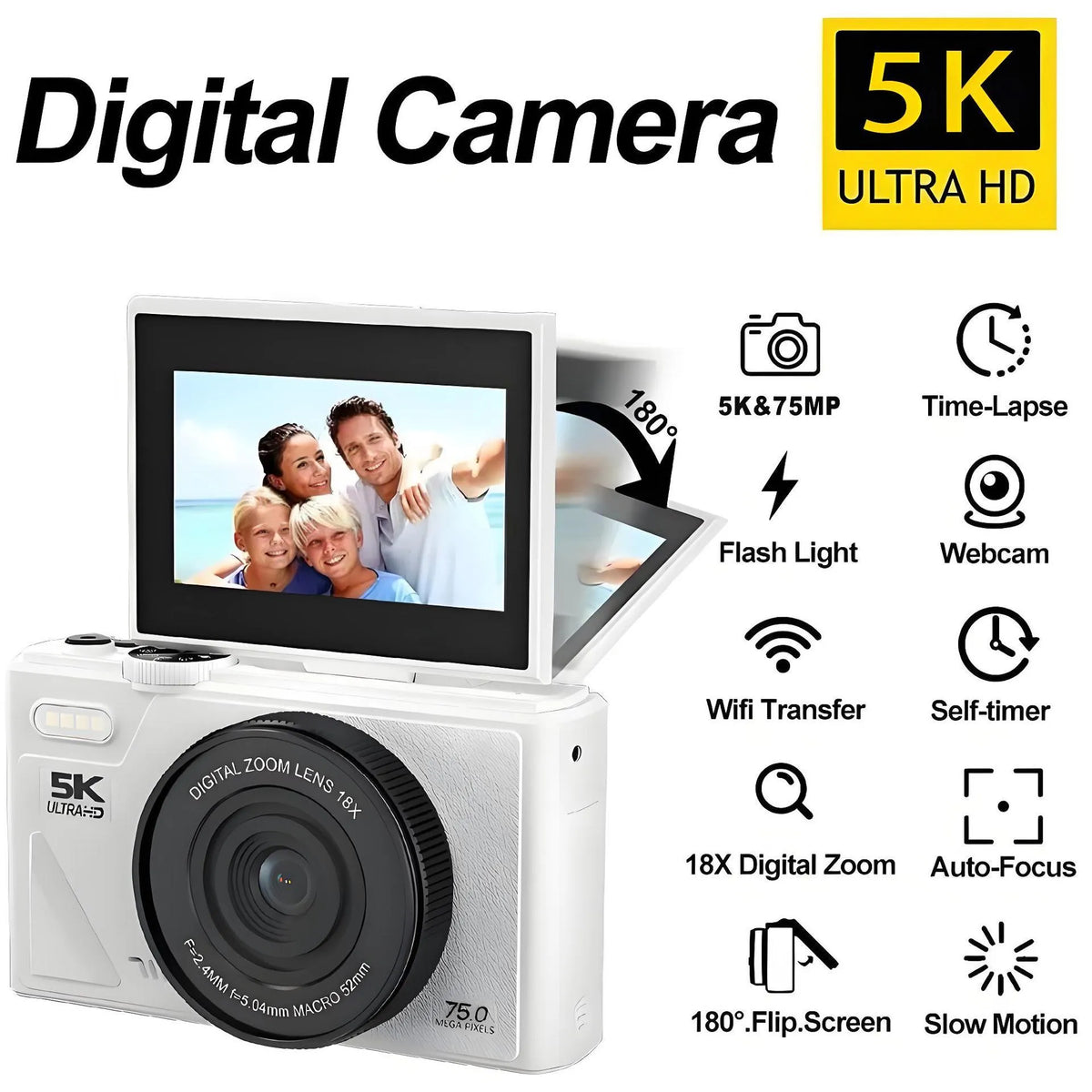 Compact CCD digital camera with WiFi and full HD screen, 11.5cm x 4.6cm x 6.95cm, in black pink or white