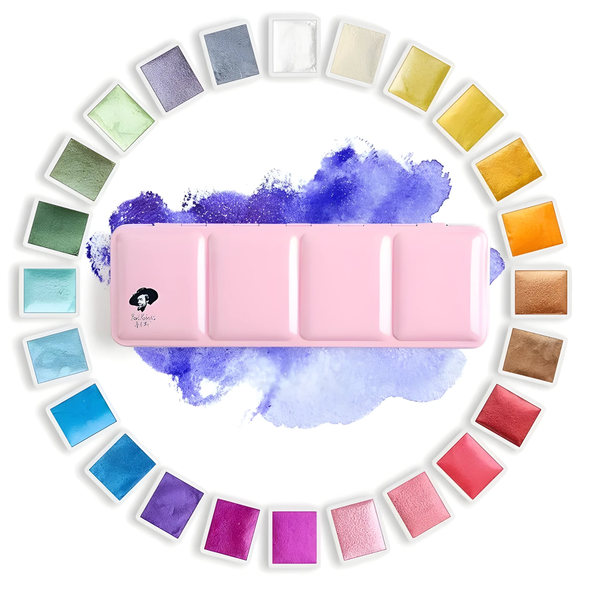 Solid watercolour paint set with pearl finish showing 12 or 24 colour pans in a case.
