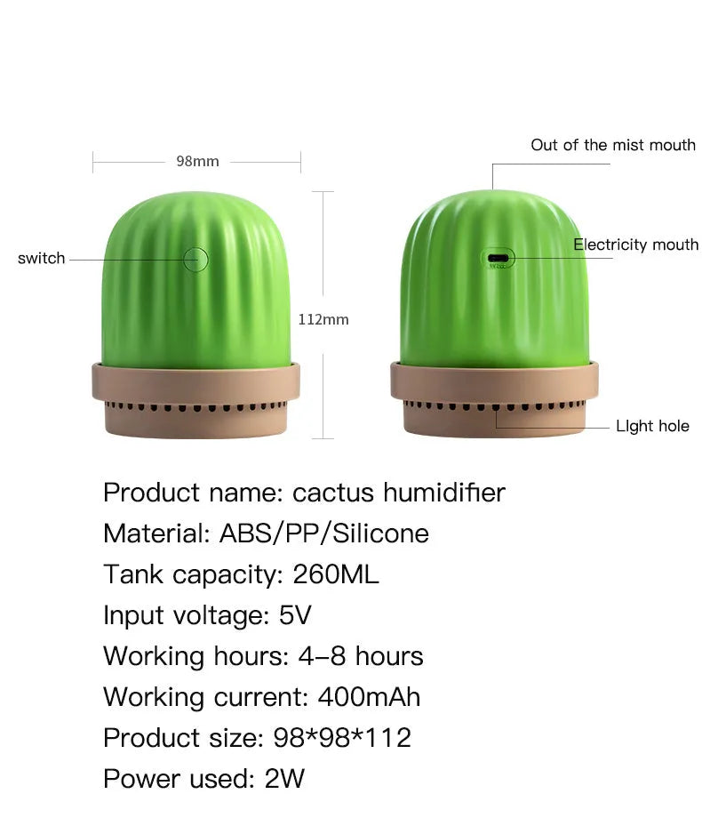 Cactus humidifier night light in green, pink, or white, 260ml tank, USB or rechargeable, 98 x 98 x 112mm