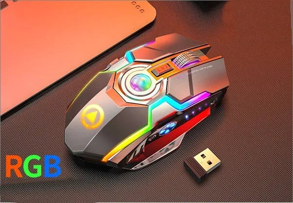 Wireless gaming mouse with RGB lighting, rechargeable battery, mute button, and USB receiver, in black or grey.