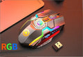 Wireless gaming mouse with RGB lighting, rechargeable battery, mute button, and USB receiver, in black or grey.