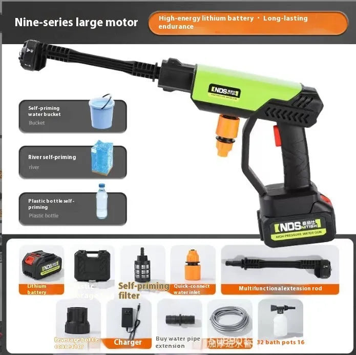 Green wireless high-pressure water gun with metal nozzle and extension rod for garden cleaning