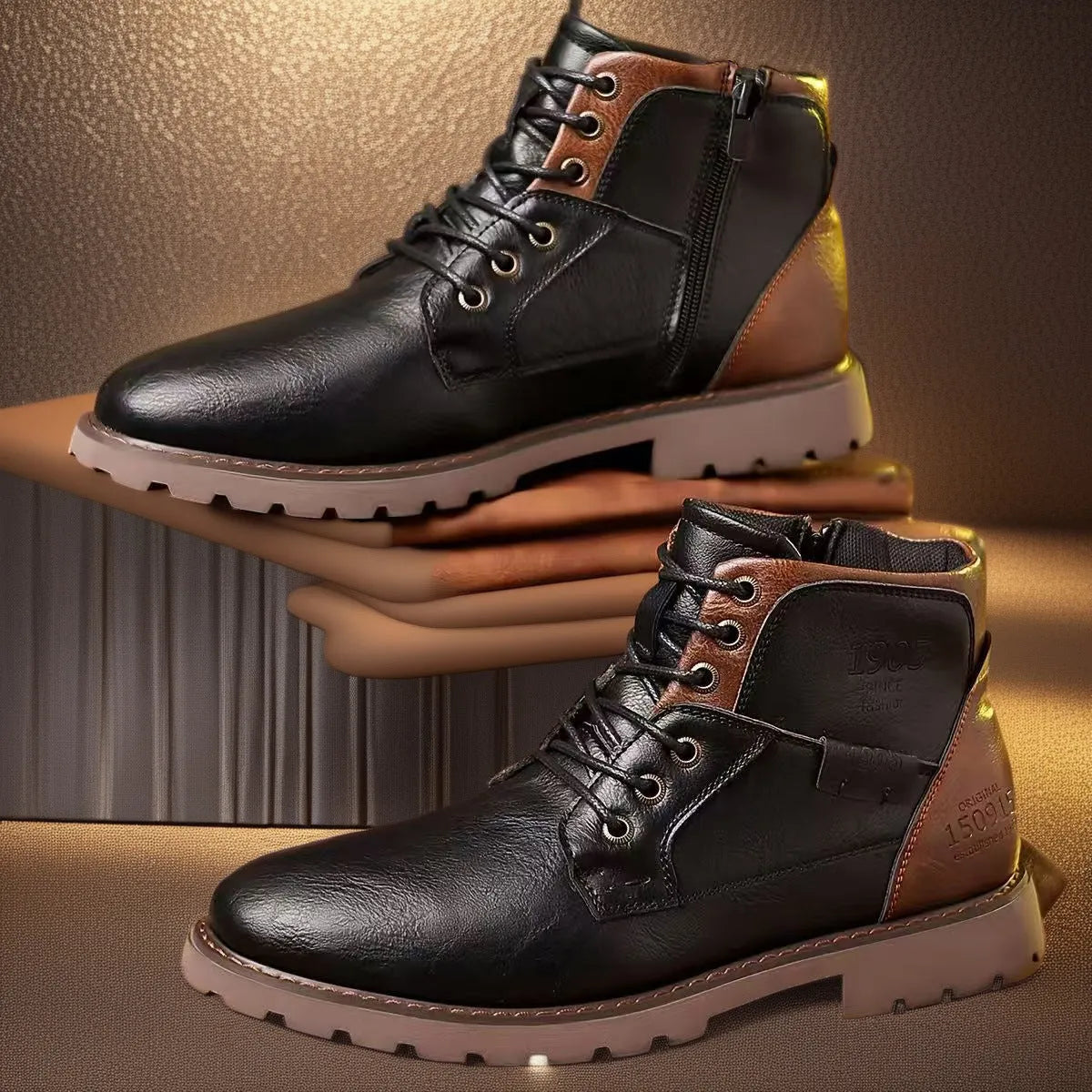 Men's brown ankle boot with a side zip and round toe on a rubber sole