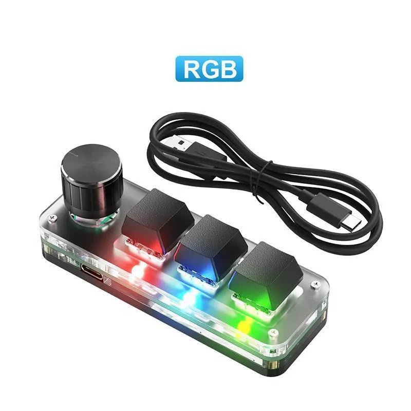 Black custom mechanical keypad with RGB backlight showing copy and paste keys, measuring 15cm wide