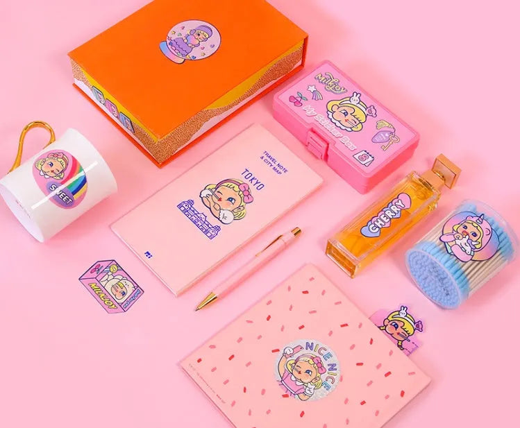 Set of 16 square Korean-style cute cartoon PVC stickers inside a transparent storage box.