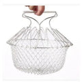Stainless steel deep fry basket with foldable handle, showing water-permeable grid design for kitchen use