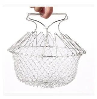 Stainless steel deep fry basket with foldable handle, showing water-permeable grid design for kitchen use