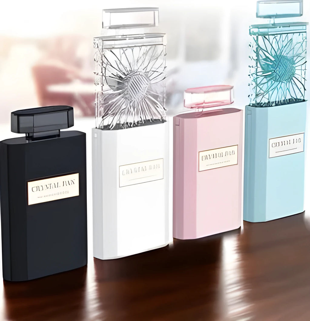 Pink perfume fan device with rechargeable battery and micro-USB charging port