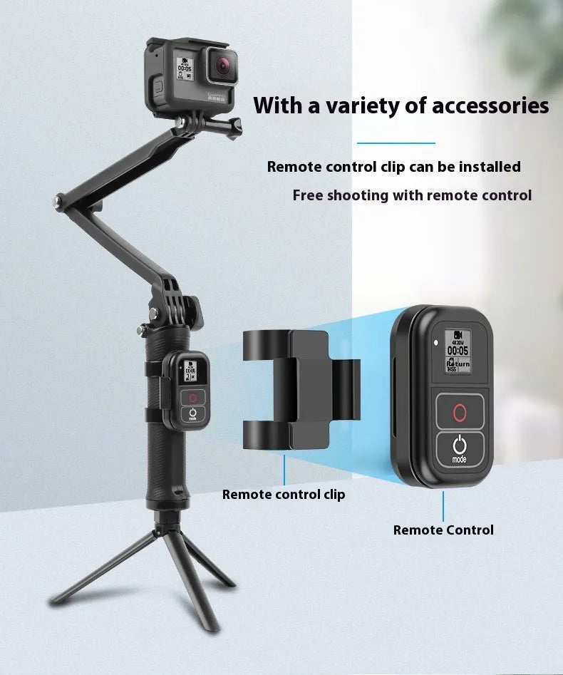 Black folding tripod for GoPro Hero action cameras, shown in compact and extended positions.
