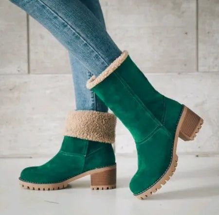 Mid-tube thick heel suede snow boots in black with round toe and low heel, showing wear-resistant soles