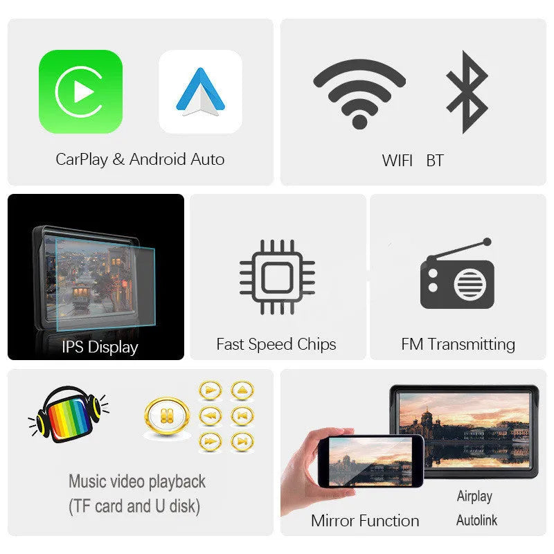 7-inch IPS car smart screen with Wireless CarPlay on windshield, showing navigation display and retractable bracket