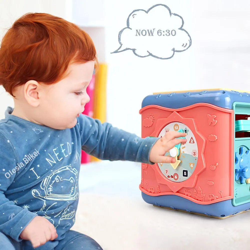 Montessori hexahedron educational toy with six different learning activities on each side