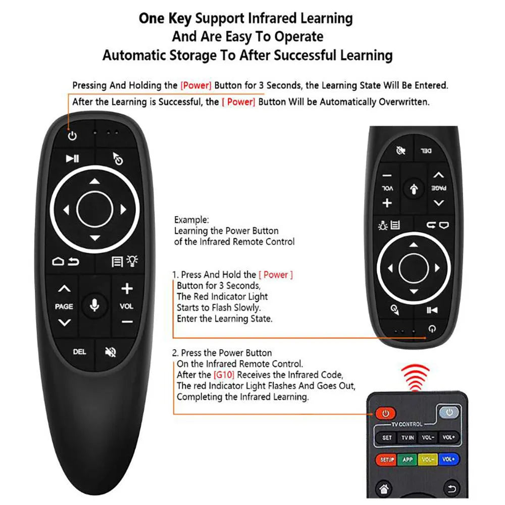 G10 G10S intelligent voice remote control with plastic shell, silicone buttons, and dimensions 164mm by 40mm by 15mm