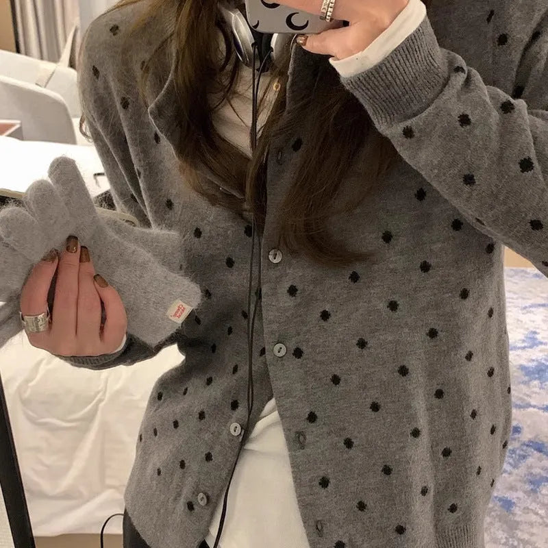 Women's gray dot knitted cardigan with crocheted flowers, 50cm length, viscose fibre, loose fit for autumn wear