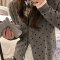 Women's gray dot knitted cardigan with crocheted flowers, 50cm length, viscose fibre, loose fit for autumn wear