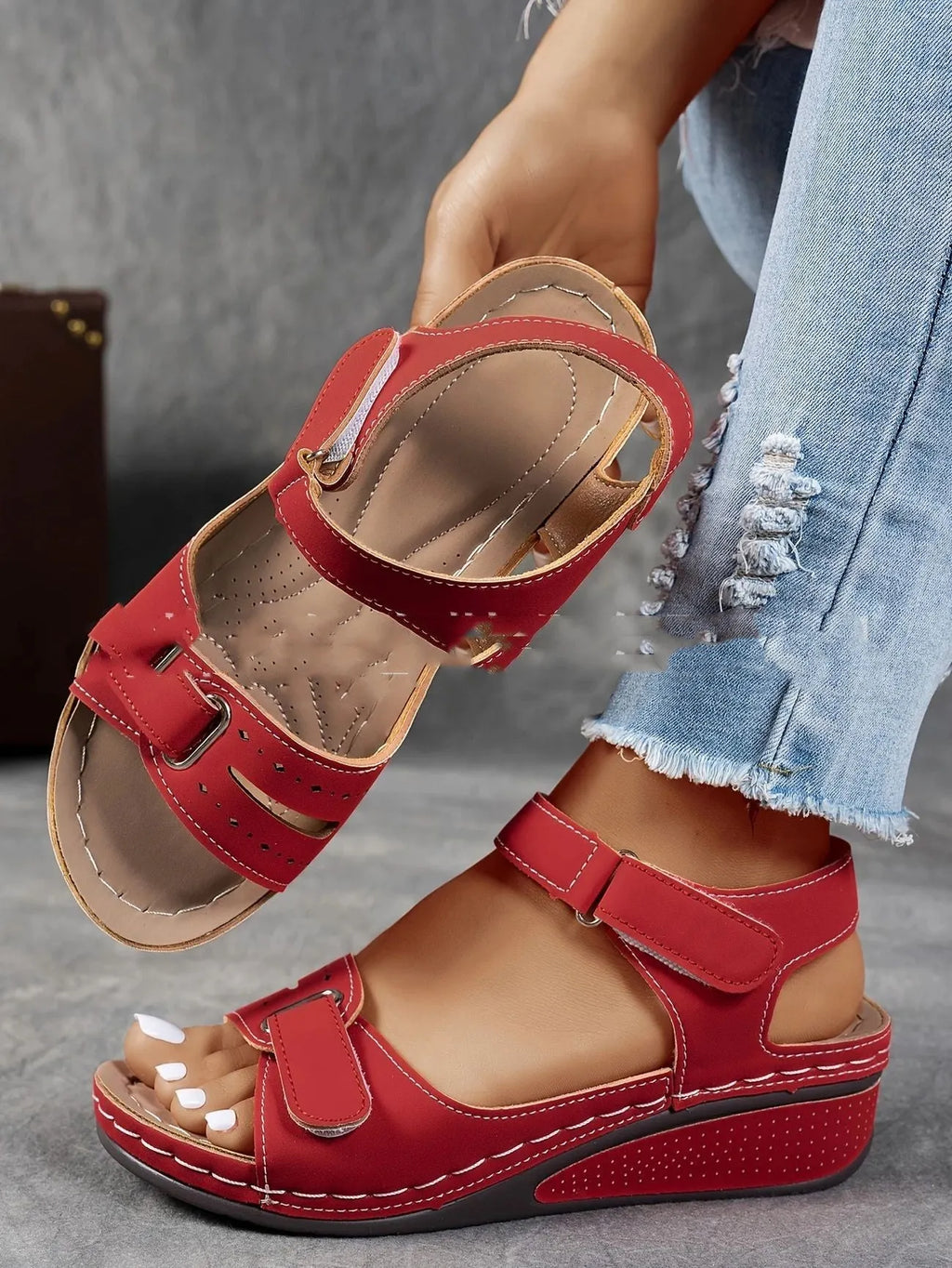 Women's plus size strap sandals with thick composite soles and adjustable Velcro fastening