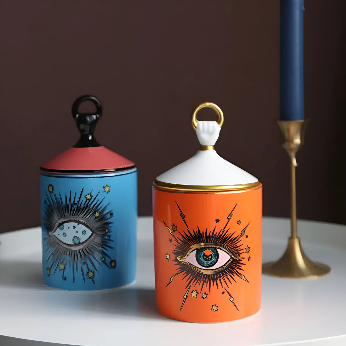 Big Eyes ceramic candle holder with decal figures-and-gods pattern, porcelain candle cup and jar storage, blue or red