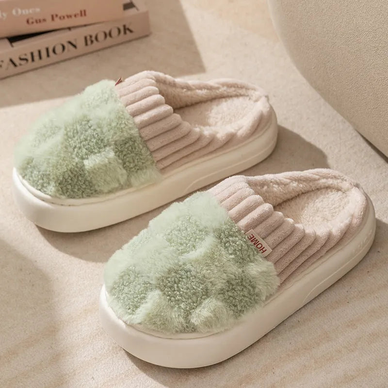 Plaid plush slippers for women with non-slip PVC sole and warm plush lining in multiple colours