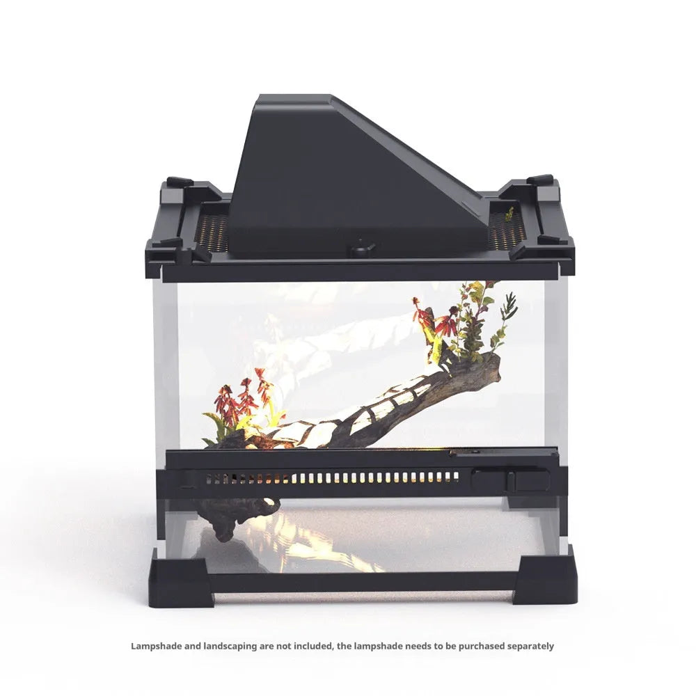 Transparent glass cylinder habitat for lizards and turtles on a white background.