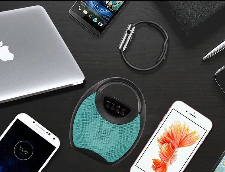 Portable Bluetooth speaker in black, blue, or pink colour with USB port and SD card slot.