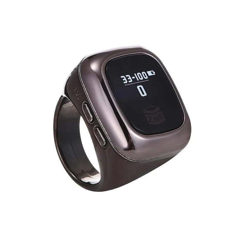 Al-fatiha Zikr electronic counter on wrist with digital display showing count, available in black, space grey, rose gold, silver, wine red, green.