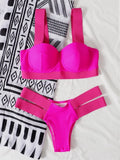 Women's contrast colour bikini swimsuit with steel push-up bracket, shown in rose red.