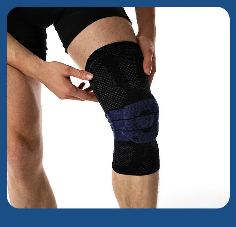 Black and blue knee pads with adjustable sizing for sports protection, made from nylon and spandex materials