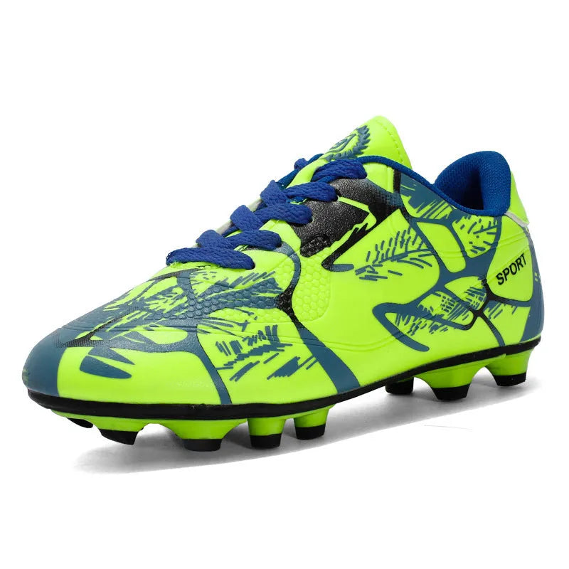 Low-top soccer shoes with synthetic leather upper, mesh lining, TPR sole, natural rubber outsole, in red, blue, or fluorescent green.